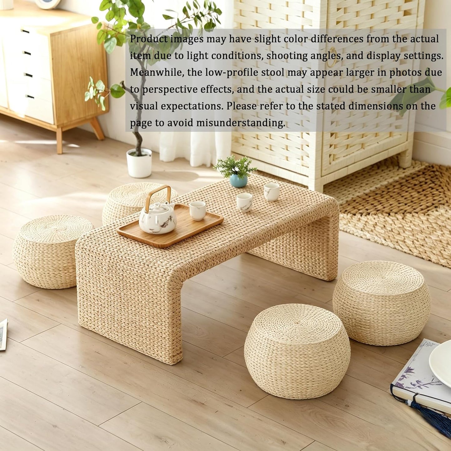 Solid Wood Straw Round Pouf Ottoman, Small Handwoven Boho Extra Seat, Low Tatami Ottoman Footrest for Living Room Bedroom Patio Garden (12.2"x12.2"x8.7")