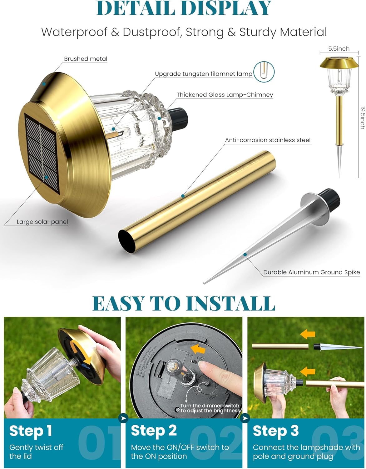 Solar Lights Outdoor Waterproof,6 Pack Gold Solar Pathway Lights with 10-40 LM Dimmable Glass and Metal, Solar Powered Garden Fall Decor for Yard,Patio,Pathway,Driveway(Warm White)