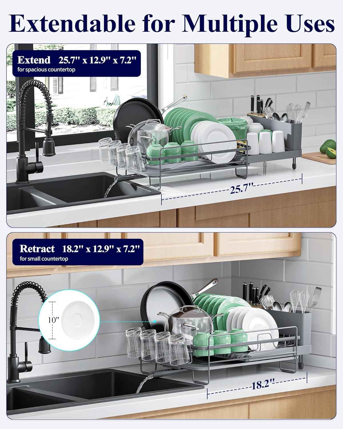 Kitsure Extendable Dish Drying Rack, Large Drying Dish Rack with Cutlery & Cup Holders, Multifunctional Dish Racks for Counter with Drainage, 18.2"-25.7" L x 12.9" W, Grey