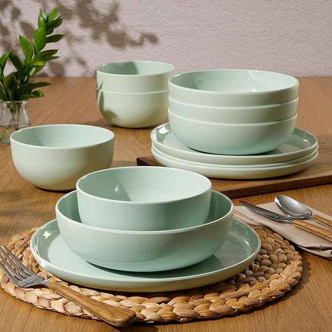 Gibson Home Candy Skies 12 Piece Unbreakable Wheat Straw Melamine Plates and Bowls Dinnerware Set - Outdoor, Camping, & Everyday Use - Matte Exterior/Shiny Interior Green