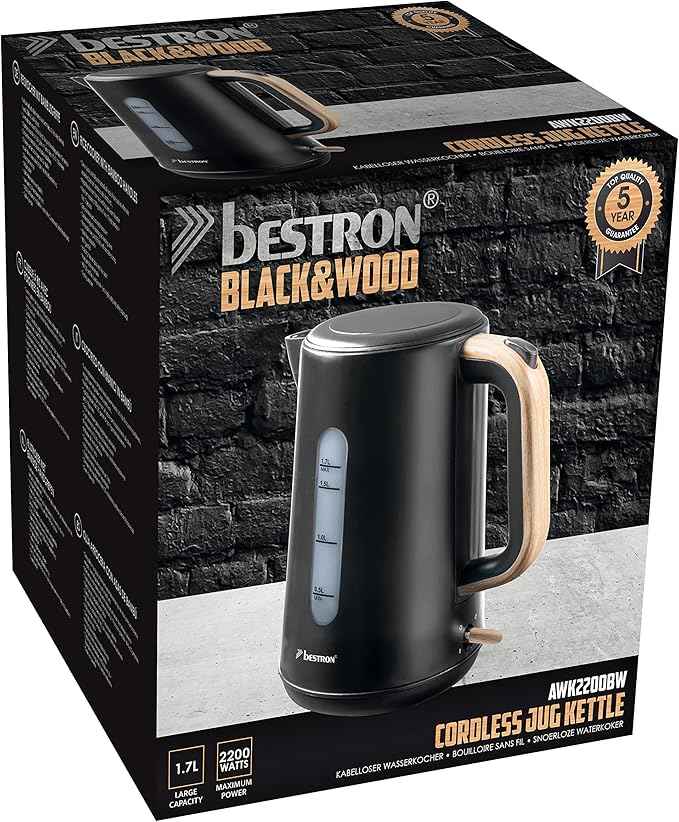 Bestron AWK2200BW Kettle, Black/Wood, 1.7 Litres