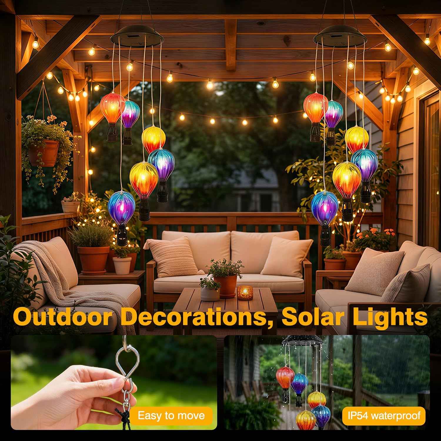 2 Pack Solar Wind Chimes with Hot Air Balloon Design, Color Changing Hot Air Balloon Solar Lantern Outdoor Lights, Wind Chimes Decor for Garden Patio Yard Gifts for Women Mom Grandma