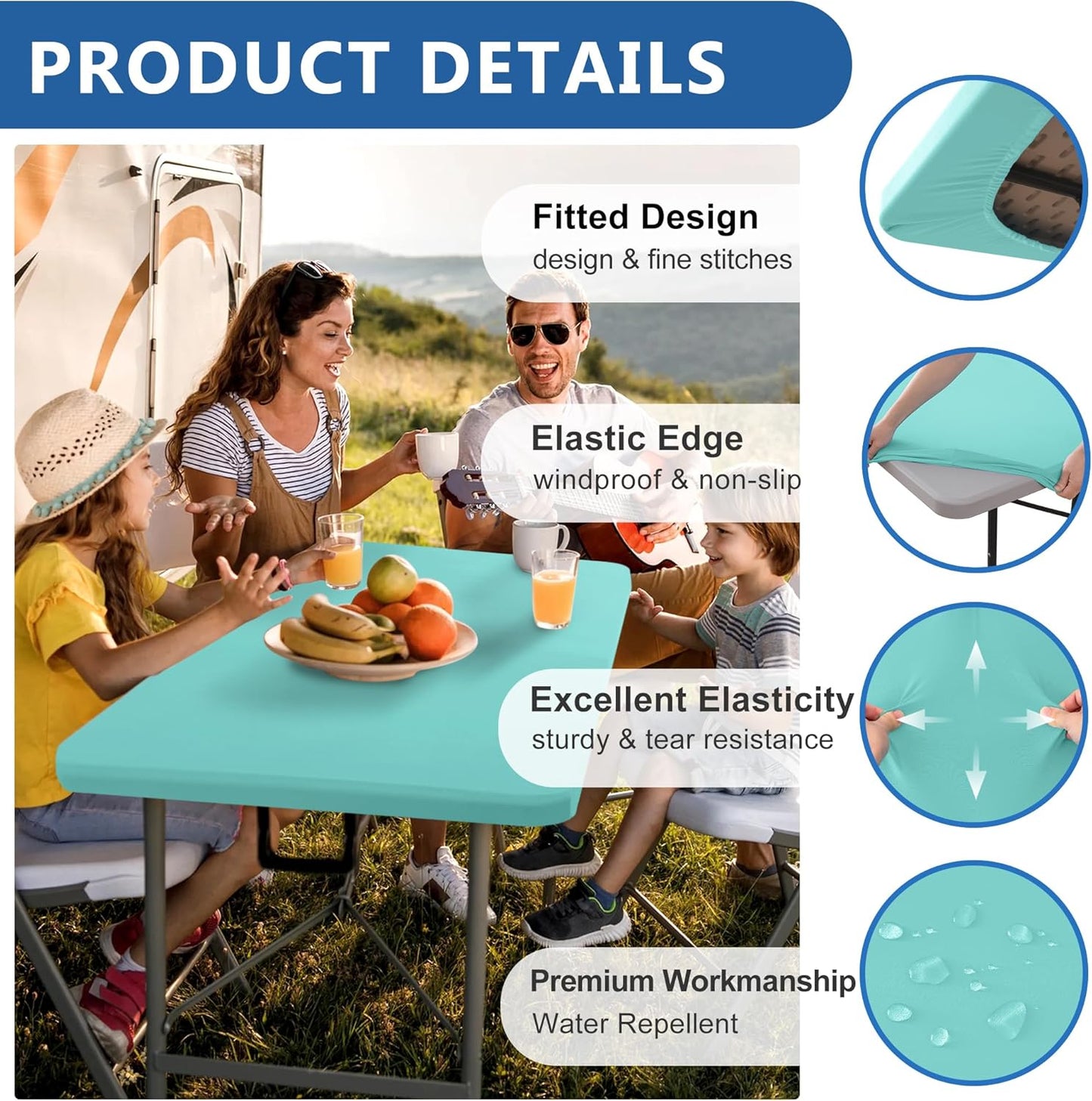 Spandex Table Cover for 6 Foot Rectangle Tables-6 Pack Aqua Blue Outdoor Picnic Elastic Table Cover-Spandex Stretch Folding Table Cloths for Camping Dining Room Patio Kitchen Banquet Party