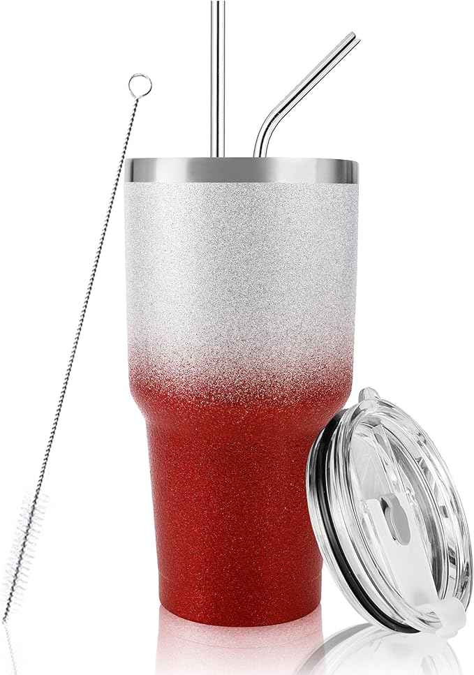 D·S 30 oz Tumbler Christmas Red Glitter Gradient Cup Stainless Steel Double Wall Vacuum Insulated Mug with Straw and Lid, Cleaning Brush for Cold and Hot Beverages