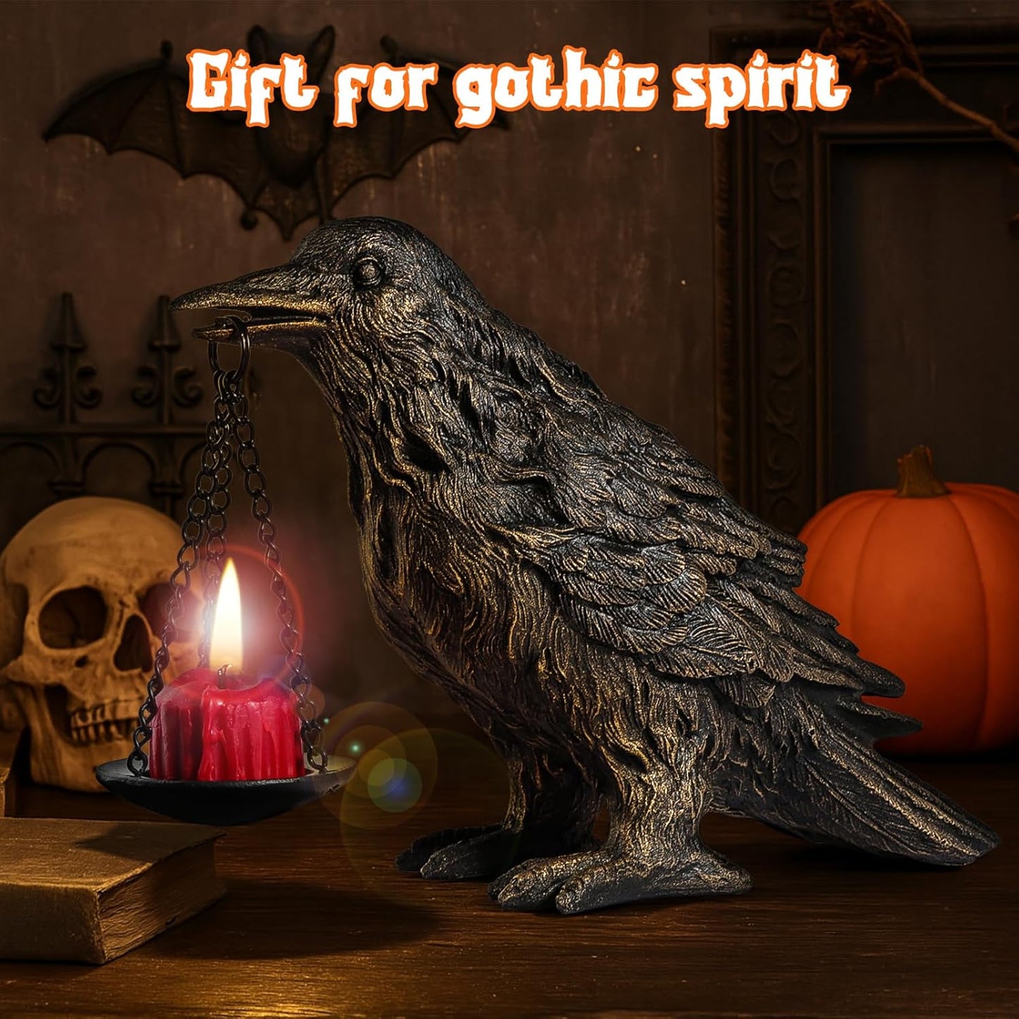 Gothic Home Decor Fake Crow Light Holder Raven Lamp Tealight Candle Holder Resin Statue Half Gold