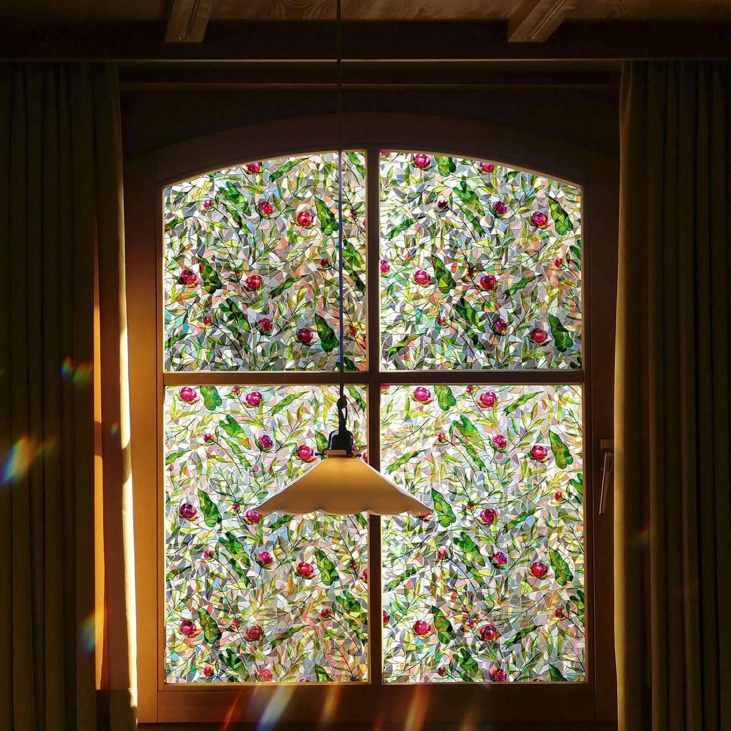 Rainbow Window Privacy Film 3D Floral Decorative Stained Glass Window Film Anti UV Non-Adhesive Reusable 23.6" x 157.4" for Home Room Car Glass Cling