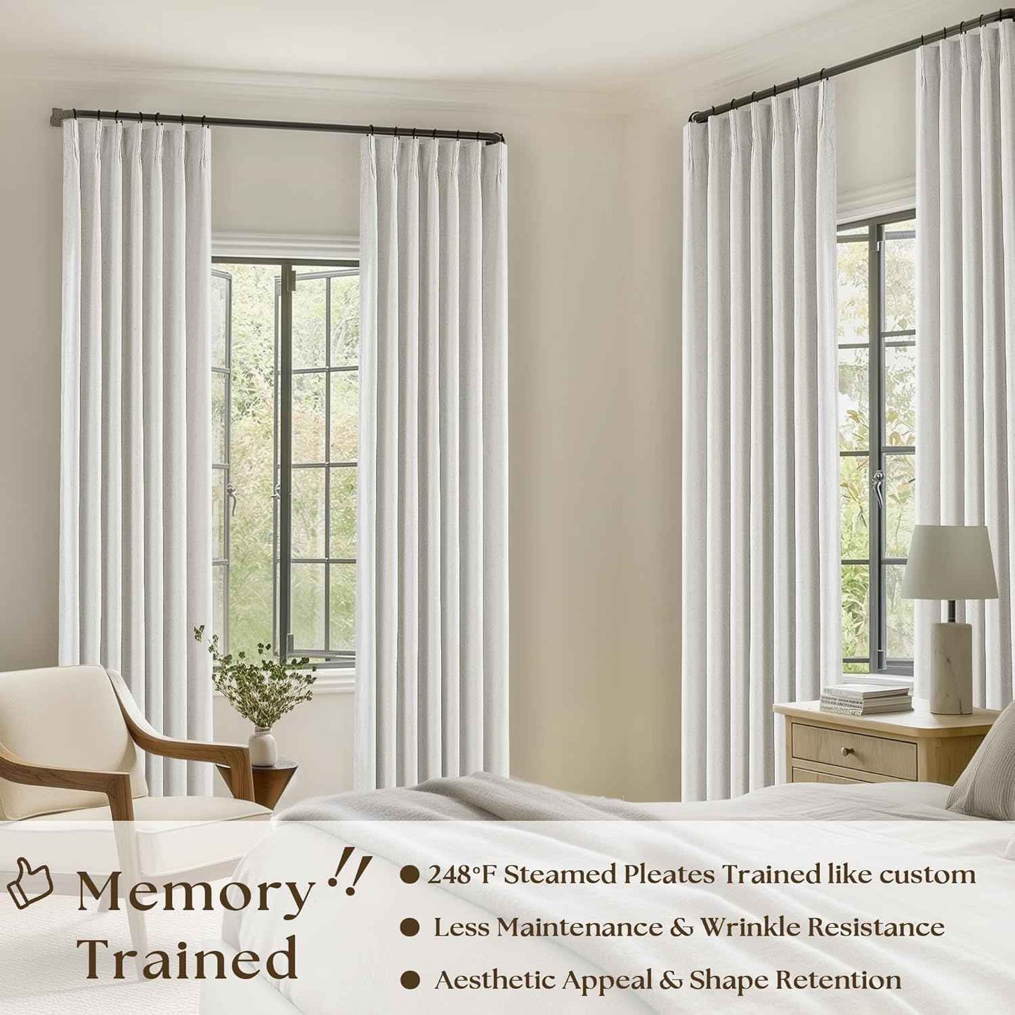 Beige White Pinch Pleated Full Blackout Curtains 2 Panels Set Linen Room Darkening 100% Black Out Window Curtains 96 Inch for Living Room Bedroom Thermal Insulated Pinch Pleat Drapes with Hooks Rings