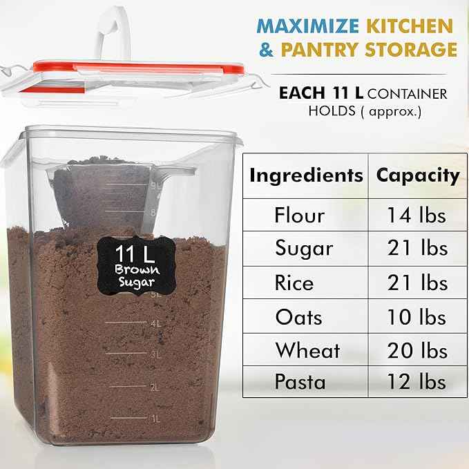 Shazo 2 PC (11L | 372 oz) Flour Sugar Storage Containers with Easy Carry Handle - Plastic Extra Large Food Storage Containers with Lids for Rice Cereal, BPA Free & Airtight Kitchen Pantry Organization