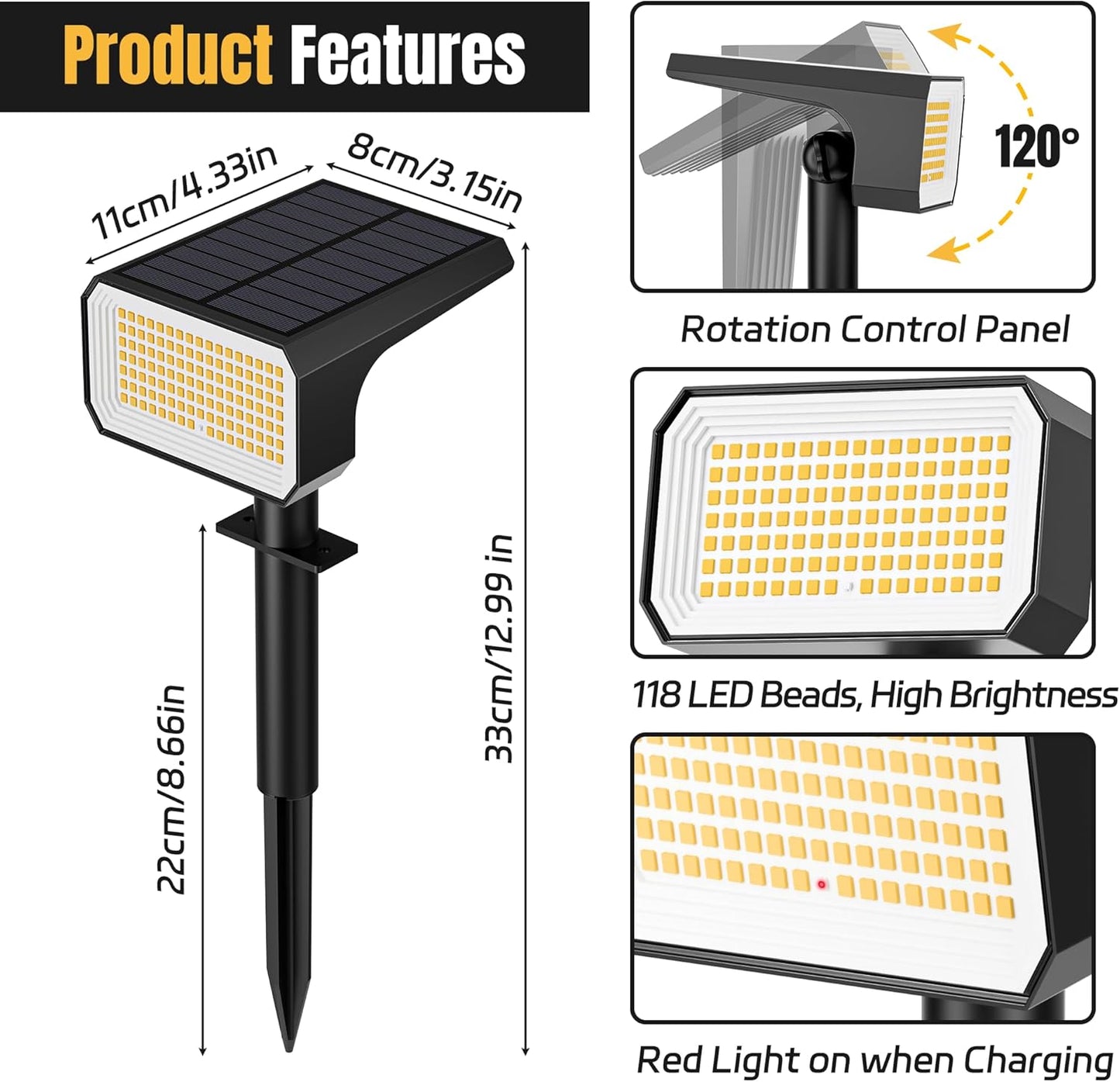 Solar Spot Lights Outdoor, [10 pack/118 LED] 4 Modes Auto On/Off Solar Landscape Spotlights, Ip67 Waterproof Solor Powered Pathway Lights for Outside Yard Garden Walkway Tree Patio (Warm White)