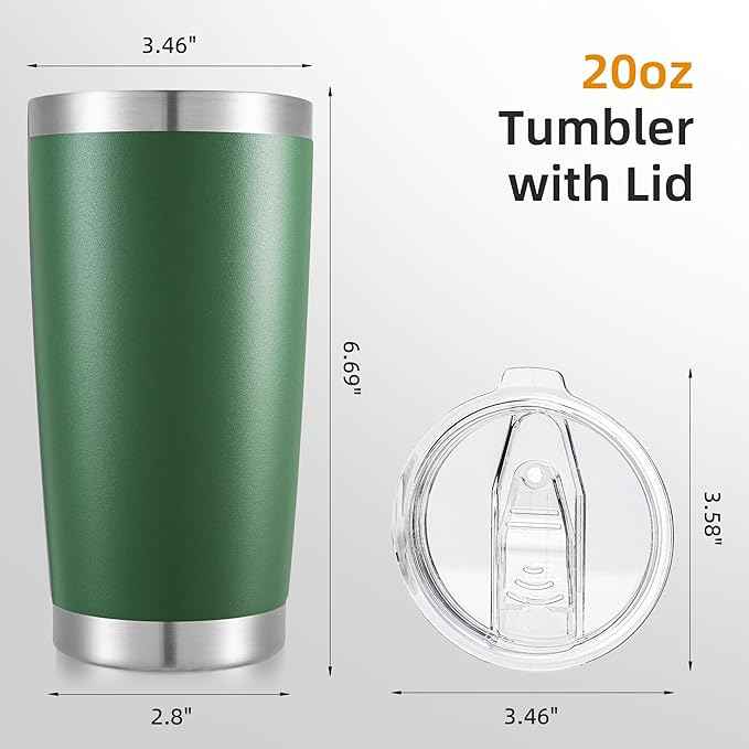 20 oz Tumbler Bulk with Lid Stainless Steel Insulated Tumblers Double Wall Vacuum Coffee Mug Powder Coated Tumbler Cups for Cold and Hot Drinks, Dark Green, 12 pack
