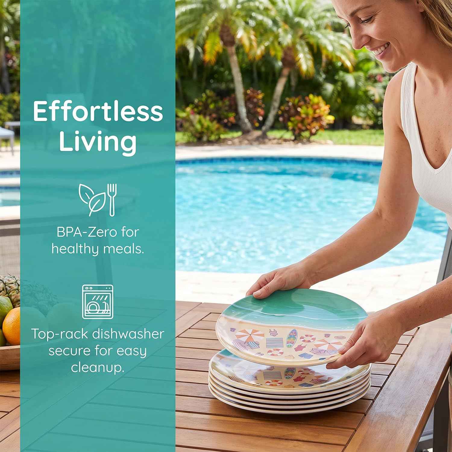 Melamine Plates Set of 6, 10-Inch Unbreakable Melamine Dishes, Reusable Dinner Plates Set, Dishwasher Safe Outdoor Dinnerware for for Poolside, Picnic, RV,Camping Party（Summer Beach ）