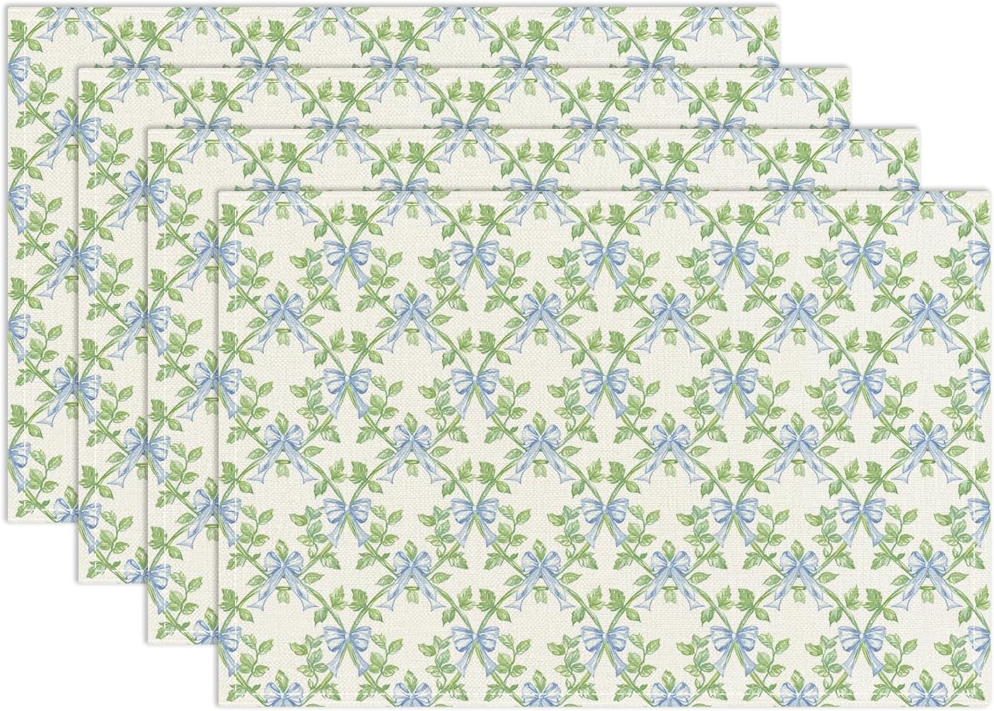 Green Leaf Placemats Set of 4, Blue Bow Table Mat for Home Kitchen, Restaurants, Outdoor Linen Washable Place Mats 12x18 inch Party Event Dining Decoration-01