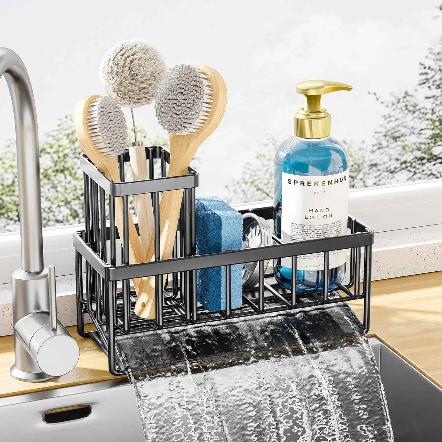 Kitsure Sponge Holder for Kitchen Sink - Rustproof Stainless Steel Sink Caddy Organization and Storage Essentials with High Brush Holder, Home Decor Accessories, 7.9" x 3.7" x 6.2", Black