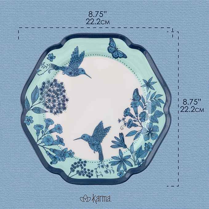 Karma, 8.75 inches Melamine Salad Plates Set of 4, Reusable Dishwasher Safe Plates for Outdoor and Indoor, Hummingbirds