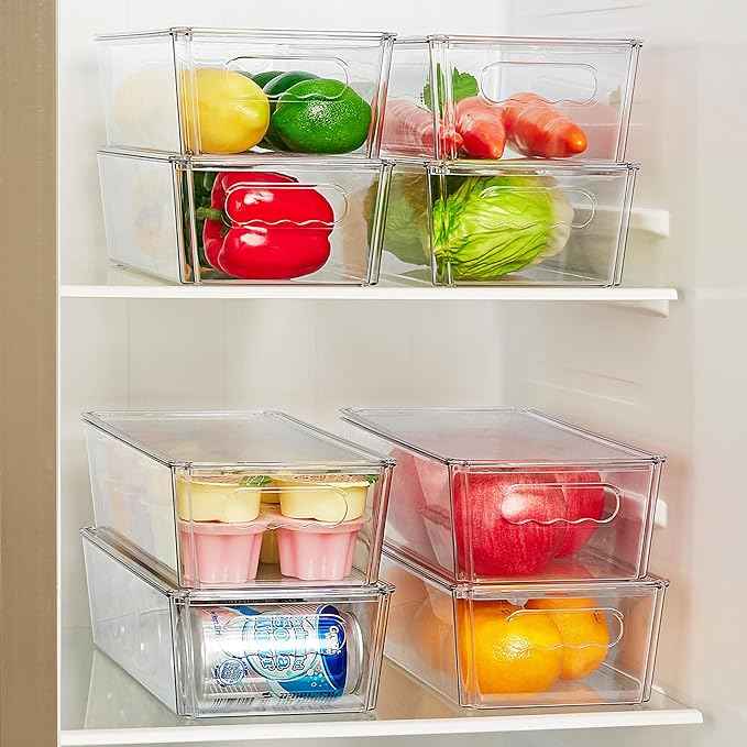 Vtopmart 12pcs Clear Organizers and Storage Bins with Lids, Stackable Plastic Storage Containers with Handles for Fridge, Freezer, Pantry, Cabinet, Kitchen Organization
