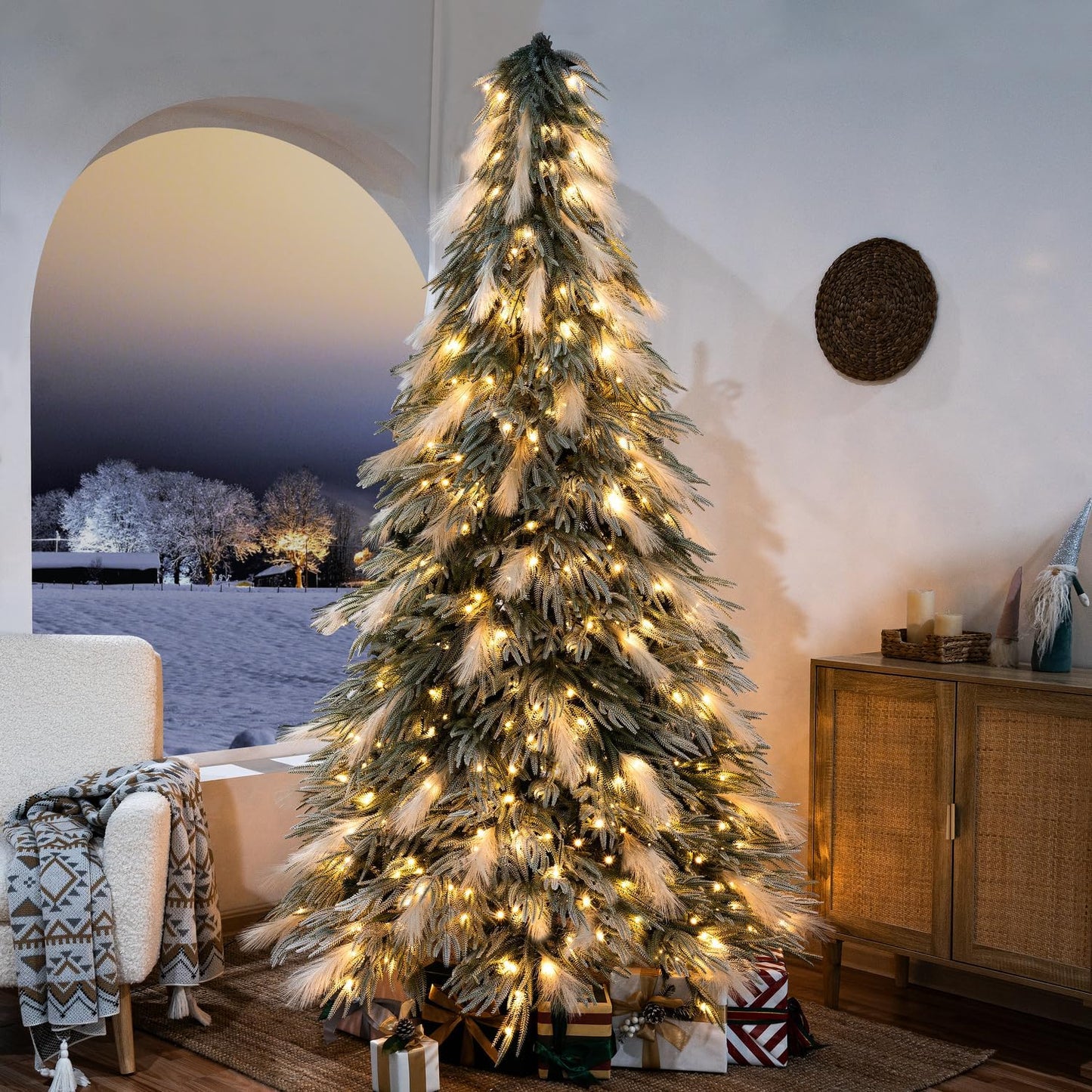 Makenna 6.5ft Snow Flocked Feathery Frosted Prelit Artificial Christmas Tree with 4958 Pampas Tips, 350 Warm Lights and Metal Stand, 40" Wide Realistic Snow Flocked Pine Christmas Tree with Lights
