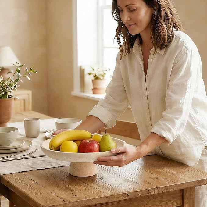 YMXYJM Natural Marble Pedestal Fruit Bowl, Large Decorative Bowl for Kitchen Counter/Living Room/Dining Table/Entryway, Beige