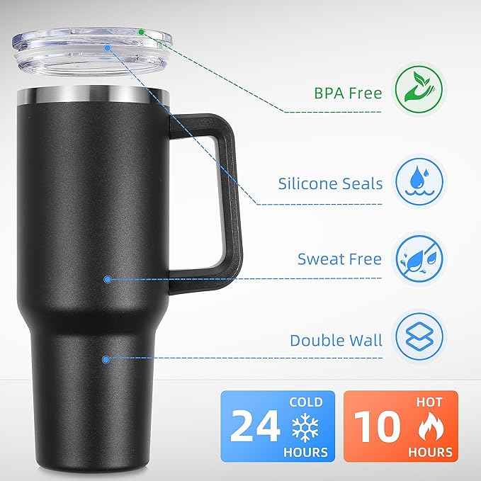 DOMICARE 40 oz Tumbler with Handle and Straw, Stainless Steel Tumbler with Lid and Straw, Reusable Vacuum Insulated Cup, Travel Coffee Mug, Black, 1Pack