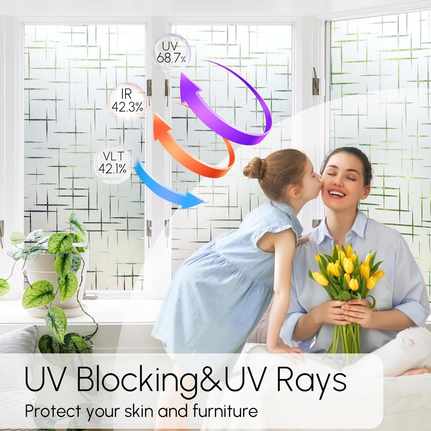 HIDBEA Window Privacy Film, Decorative Staic Cling Frosting Film, Heat Control UV Blocking Non-Adhesive Window Sticker for Home, Cross Pattern,35.4 X 78.7 Inches