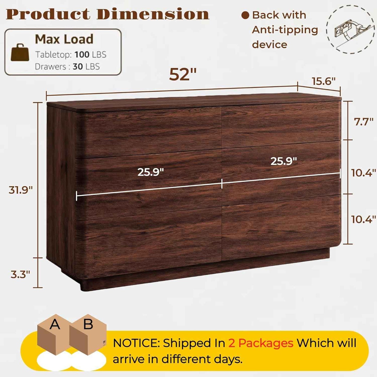 ACCOHOHO 6 Drawer Dresser for Bedroom, 52" Wide Modern Wood Dresser with Hidden Handle Drawers, Large Storage Chest of Drawers, TV Stand for Living Room & Hallway, Curved Profile Design, Dark Walnut