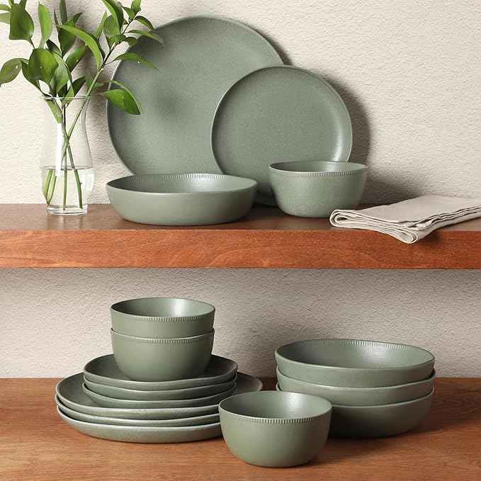 Gibson Elite Menlo Park 16-Piece Pottery Clay Stoneware Dinnerware Set – Green Reactive Glaze, Organic Shape Embossed Plates and Bowls W/Pasta Bowl, Service for 4 – Microwave & Dishwasher Safe
