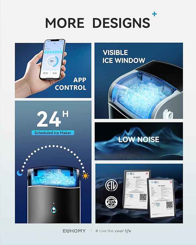 EUHOMY Smart Nugget Ice Maker Countertop, Pebble Ice Maker Machine with APP Control, 40lbs/24H, Ready in 7 Mins, Self-Cleaning, Portable Sonic Ice Makers with Hanging Ice Scoop for Home/Kitchen/Office