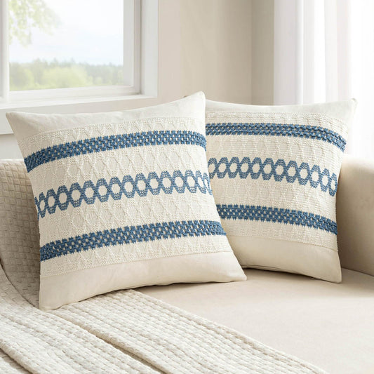 MIULEE Set of 2 Coastal Blue Boho Decorative Pillow Covers 18x18 Inch Farmhouse Rustic Couch Throw Pillows Modern Summer Cotton Cushion Covers Retro Cute Macrame Woven Home Decor for Bed Sofa Chair