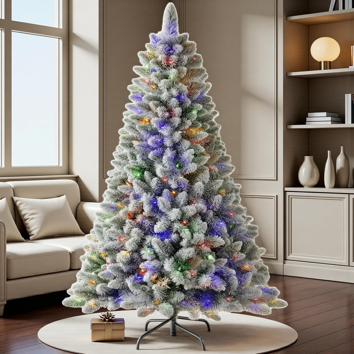 6 FT Pre-lit Snow Flocked Christmas Tree, Artificial Christmas Tree with 250 Warm White & Color LED Changing Lights, 600 PVC Branch Tips, Easy Assembly/Metal Stand/Hinged/8 Color Modes