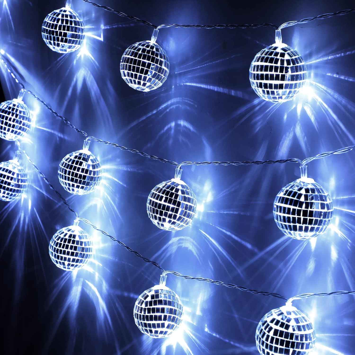 40 LED Disco Ball String Lights 70s Decorations 9.8 ft Mirror Disco Light Battery Operated Ball Globe Ornaments for Christmas Wall Tree Indoor Outdoor Party Supply(White Silver)