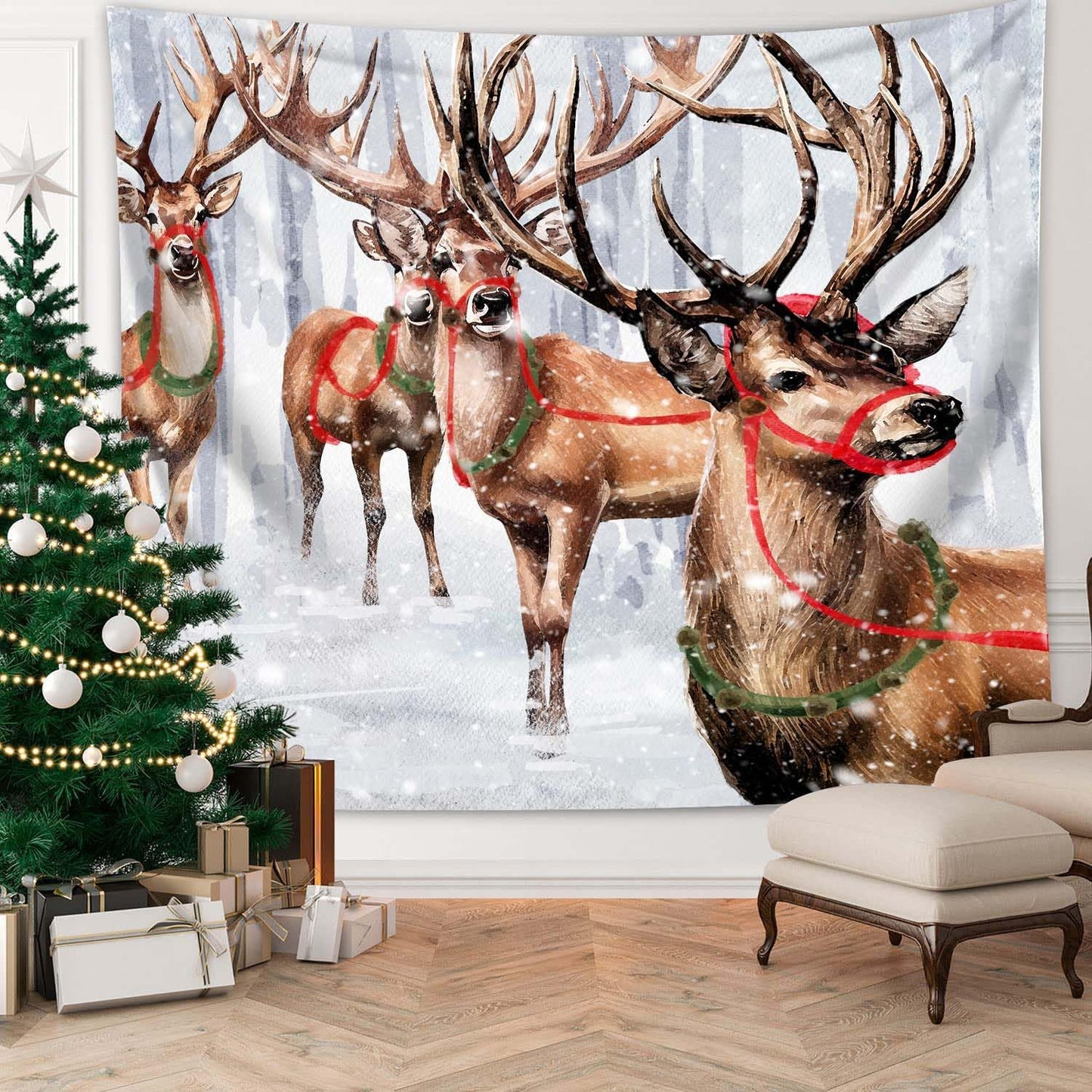 QGHOT Winter Tapestry Wall Hanging Winter Forest Backdrop Christmas Snowy Deer Wall Decor Snow Elk Tapestries for Bedroom Living Room Dorm Party Decoration, Small