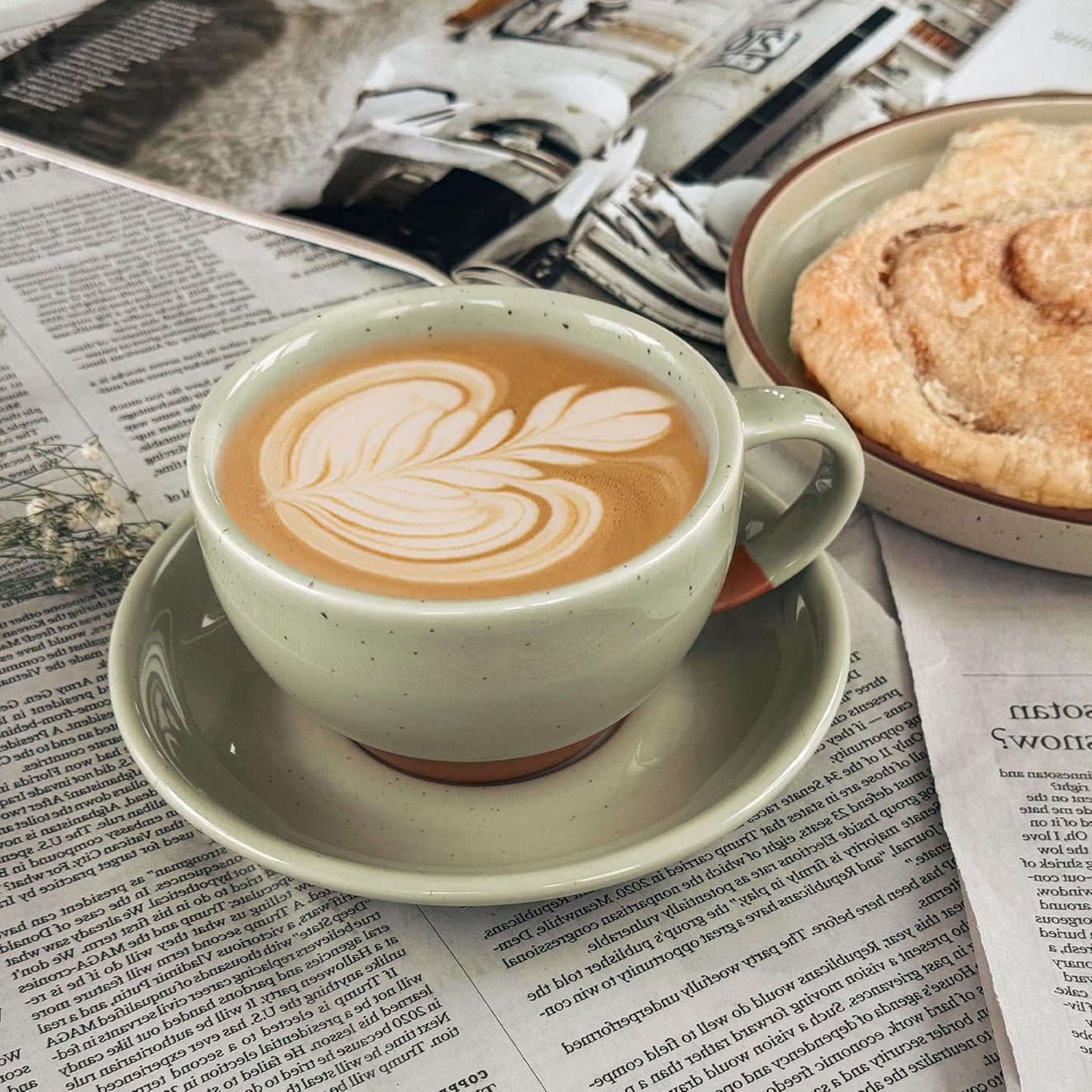 Mora Ceramic Latte Art Mug With Saucer - 10.5 oz, Round Bottom For Perfect Pours - Cafe Cups for Cappuccino, Espresso, Coffee, Tea etc - Porcelain Set for Baristas, Great Gift - Light Matcha