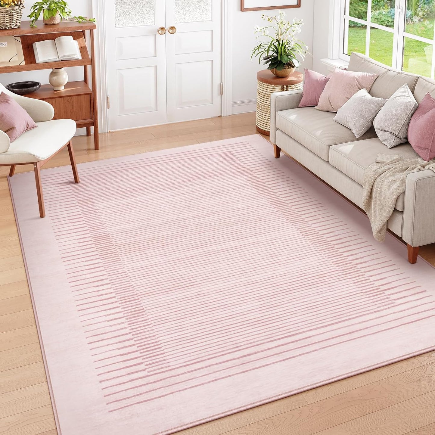 Wonnitar Striped Large Rugs for Living Room, Washable 9x12 Area Rugs for Bedroom, Non-Slip Soft Minimalist Pink Area Rug Throw Carpet for Nursery Playroom Guest Room (Pink,9' x 12')