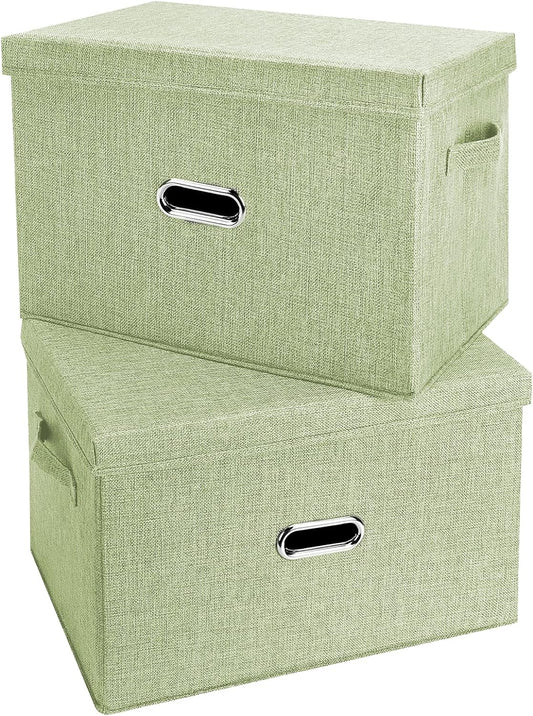 Large Linen Fabric Foldable Storage Bins with Removable Lid and Handles, Washable Storage Box Organizer Containers Baskets Cube with Cover for Bedroom,Office (Green, Extra Large(2-Pack))