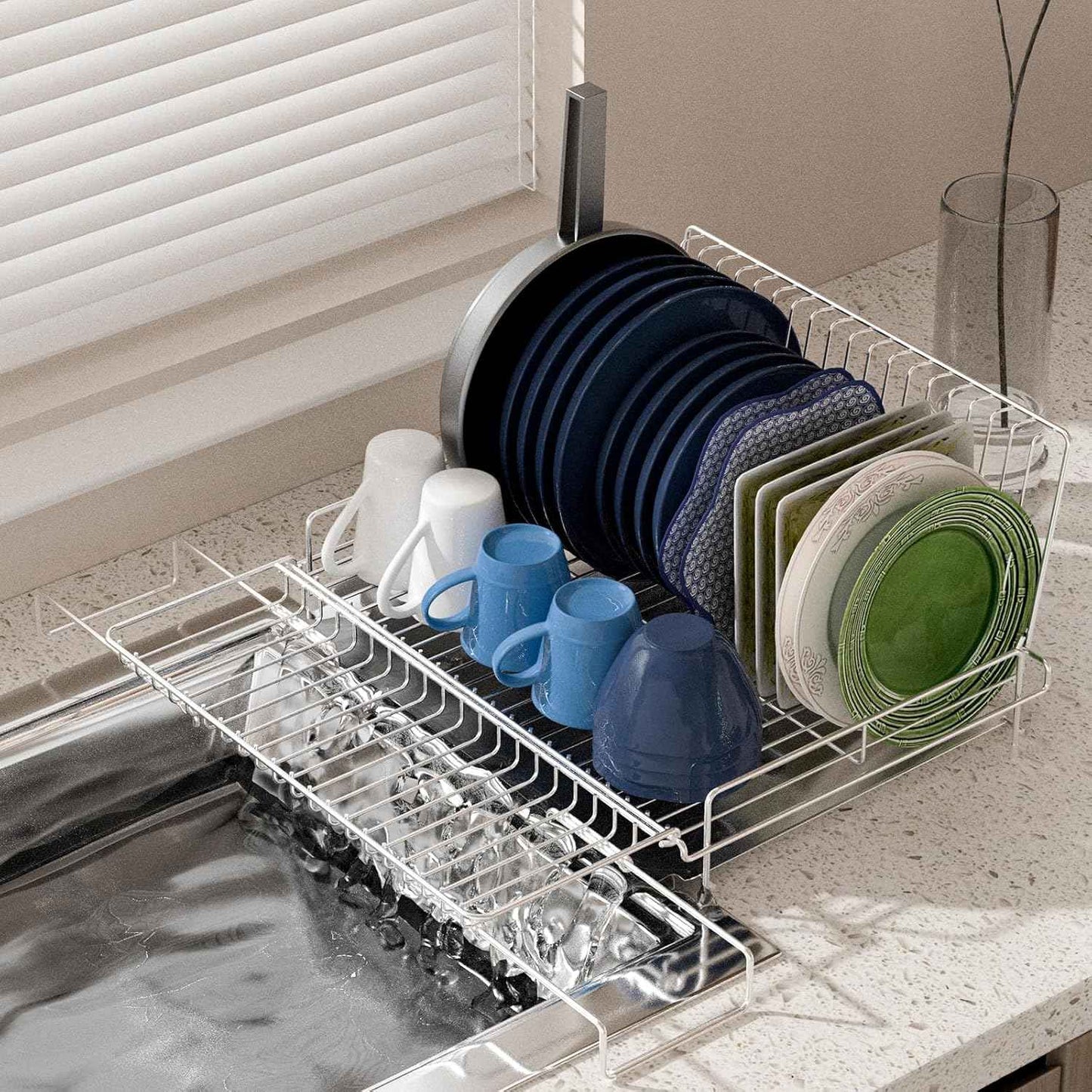 Dish Drying Rack - Stainless Steel Expandable Large Dish Drainer for Kitchen Counter, with Stainless Drain Board Rustproof Collapsible Organizer Space Saving