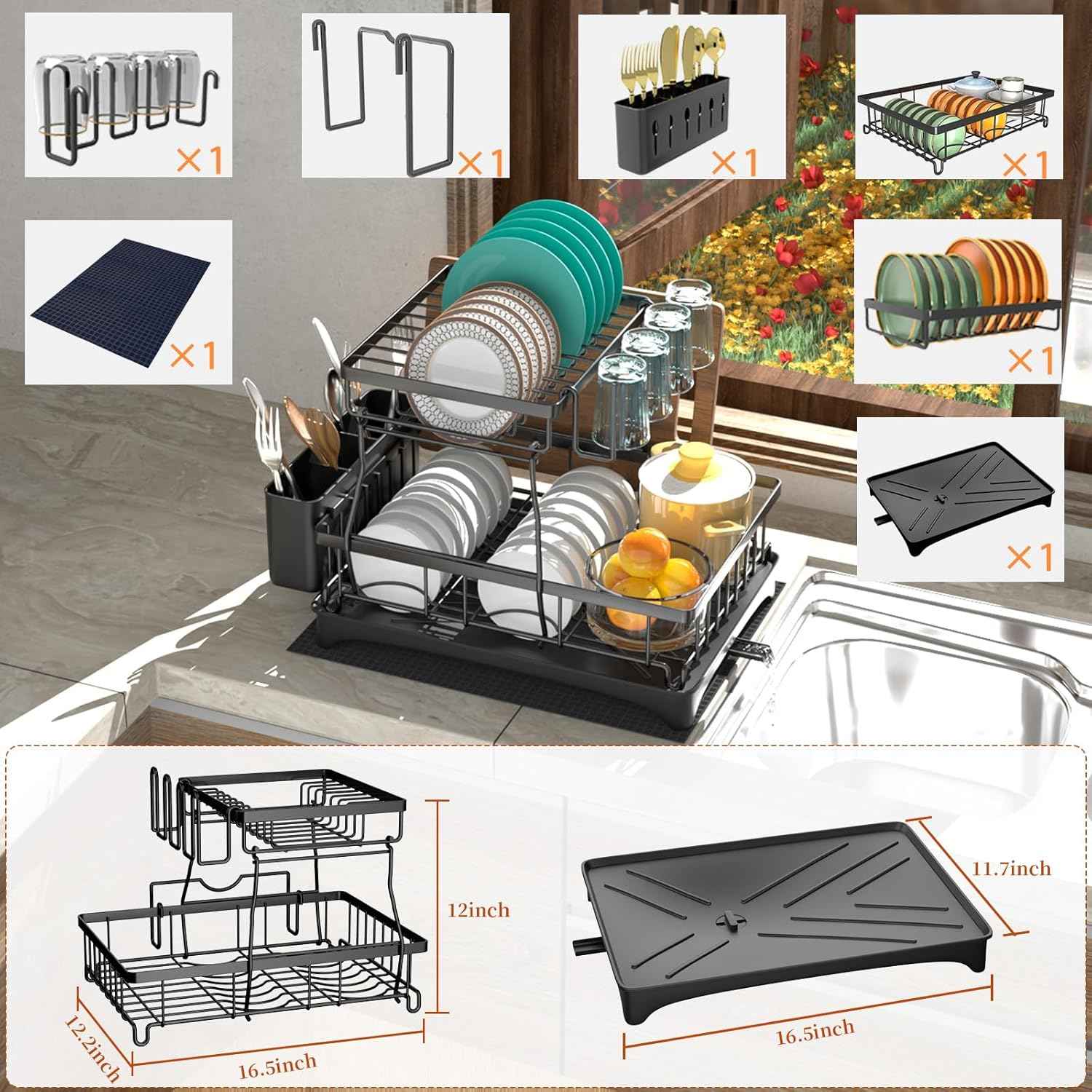 Godboat Dish Drying Rack, 2-Tier Dish Rack with Auto-Drain & Mat, Dish Racks for Kitchen Counter, Dish Drainer with Knife, Fork & Cup Rack, Gifts for Women, Mothers Day, Cool Stuff & Kitchen Gadgets