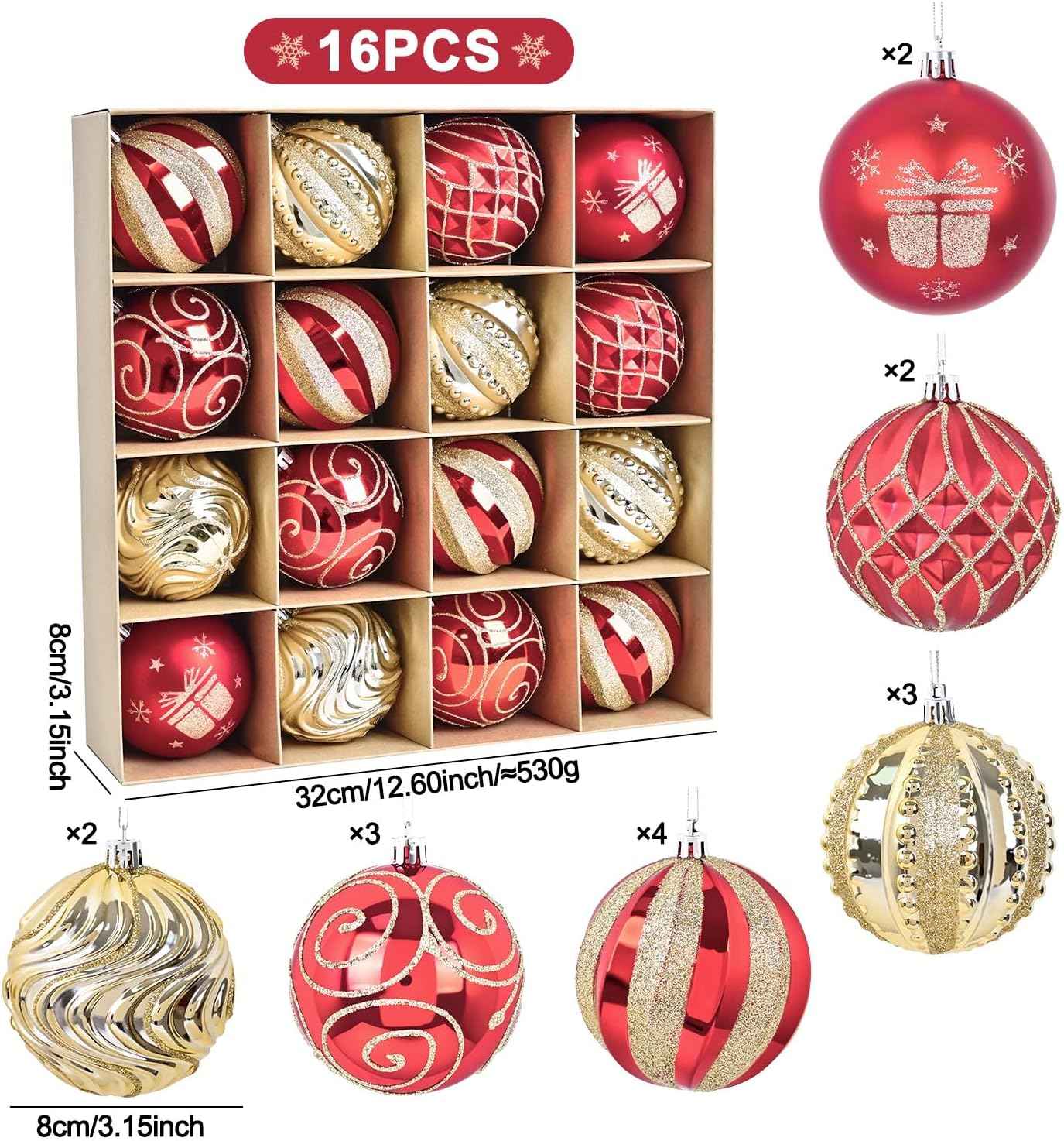 Christmas Ball Ornaments 16ct Set, Red and Gold Classic Luxury 3.15 Inch Christmas Tree Decorations, Shatterproof Hanging Ornaments for Xmas Holiday Decorations