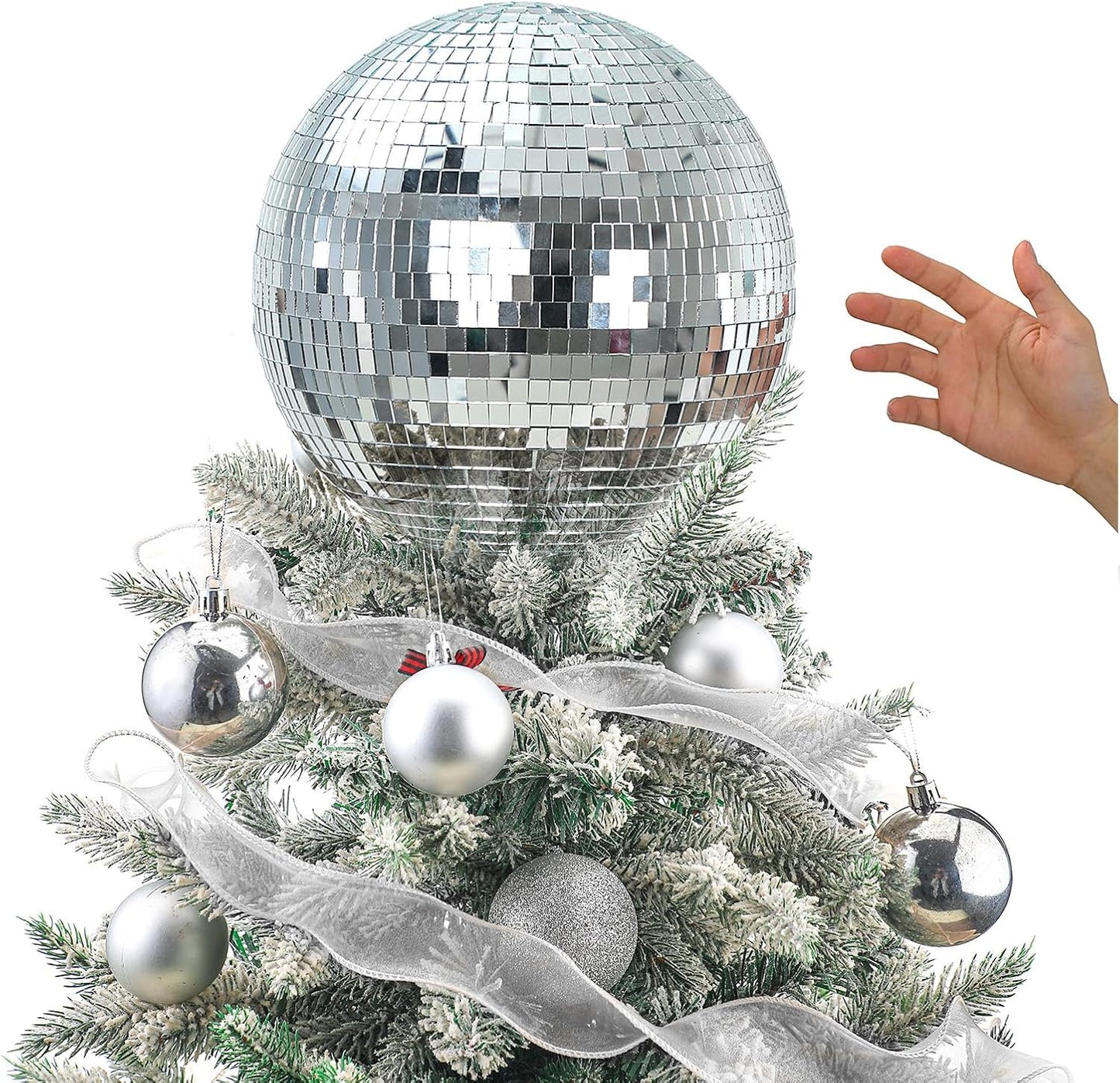Retisee 6'' Disco Ball Christmas Tree Topper Silver Mirror Xmas Tree Topper 3D Hollow Silver Disco Ball Decor for 70s Holiday Wedding Birthday Party Decorations