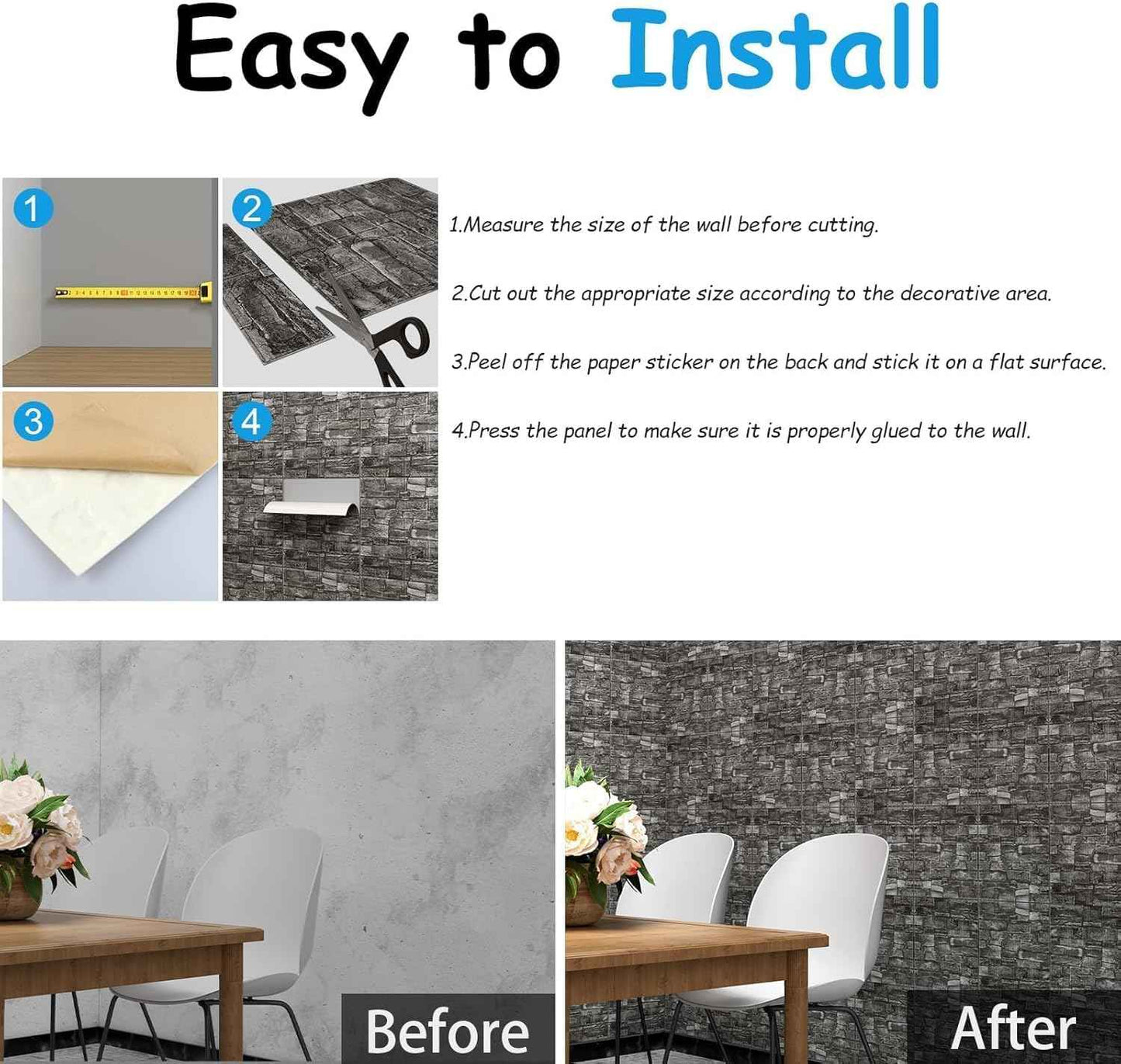 3D Wall Panels Peel and Stick in Black Grey Stone, 10 PCS XPE Foam 3D Wallpaper, Textured Faux Brick Wall Panels for Bedroom, Stairs, Kitchen