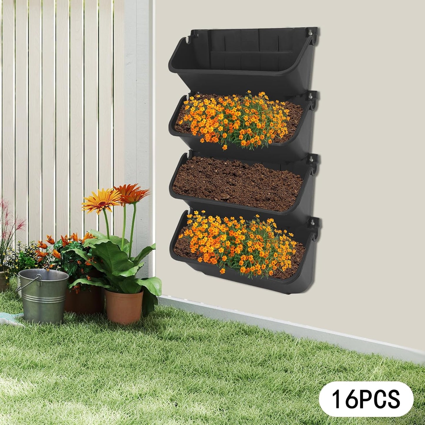 Vertical Wall Planter 16Pcs, 13 inch Wall Mounted Garden Planters, Plastic Wall Hanging Planter with Drainage Holes, Wall Planters for Patio Outdoor Decor, Balcony Plant Hanging Flowerpot (Black)