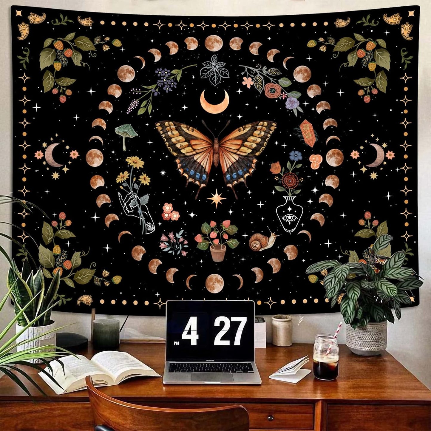 Aipon Yellow Butterfly Moon Flower Tapestry Botanical Floral Plant Boho Tapestry for Bedroom Aesthetic Vintage Tapestries Wall Hanging for Living Room Dorm (44.00'' × 60.00'', Yellow)