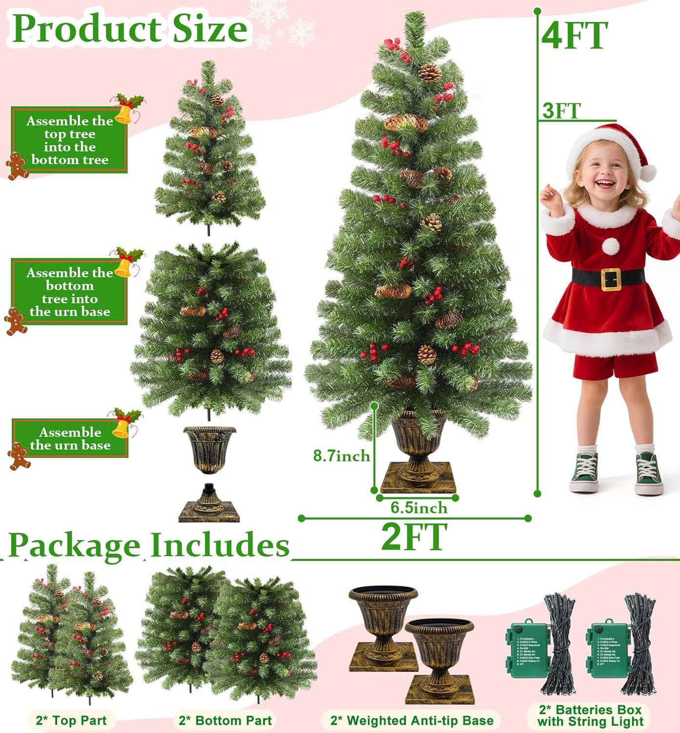 2 Pack 4 Ft Artificial Potted Christmas Tree with 60 LED Lights,Warm White and Colored Changing,8 Lighting Mode&Timer,Mini Small Xmas Tree, Battery Operated,Outdoor Front Door Porch Home Decoration