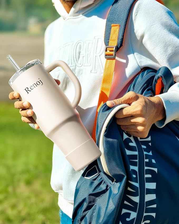 Renoj Insulated Mug 100% Spill Resistant Insulated Water Bottle for Iced Coffee & Hot Drinks - Fits Car Cup Holder, Ideal Gift, 2 Straws & Silicone Boot - FlexSlide White 32 oz