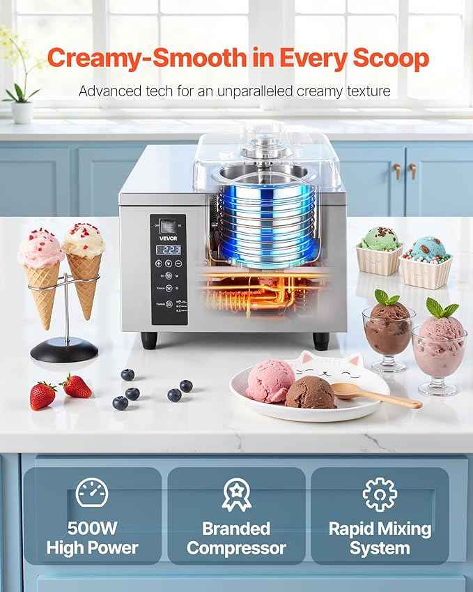 VEVOR Commercial Hard Ice Cream Machine, 500W 1.32 Gal/Hour, Gelato Hard Serve Ice Cream Maker with 2.8L 304 Stainless Steel Cylinder, Auto Clean LED Panel High Productivity for Snack Bar Restaurants