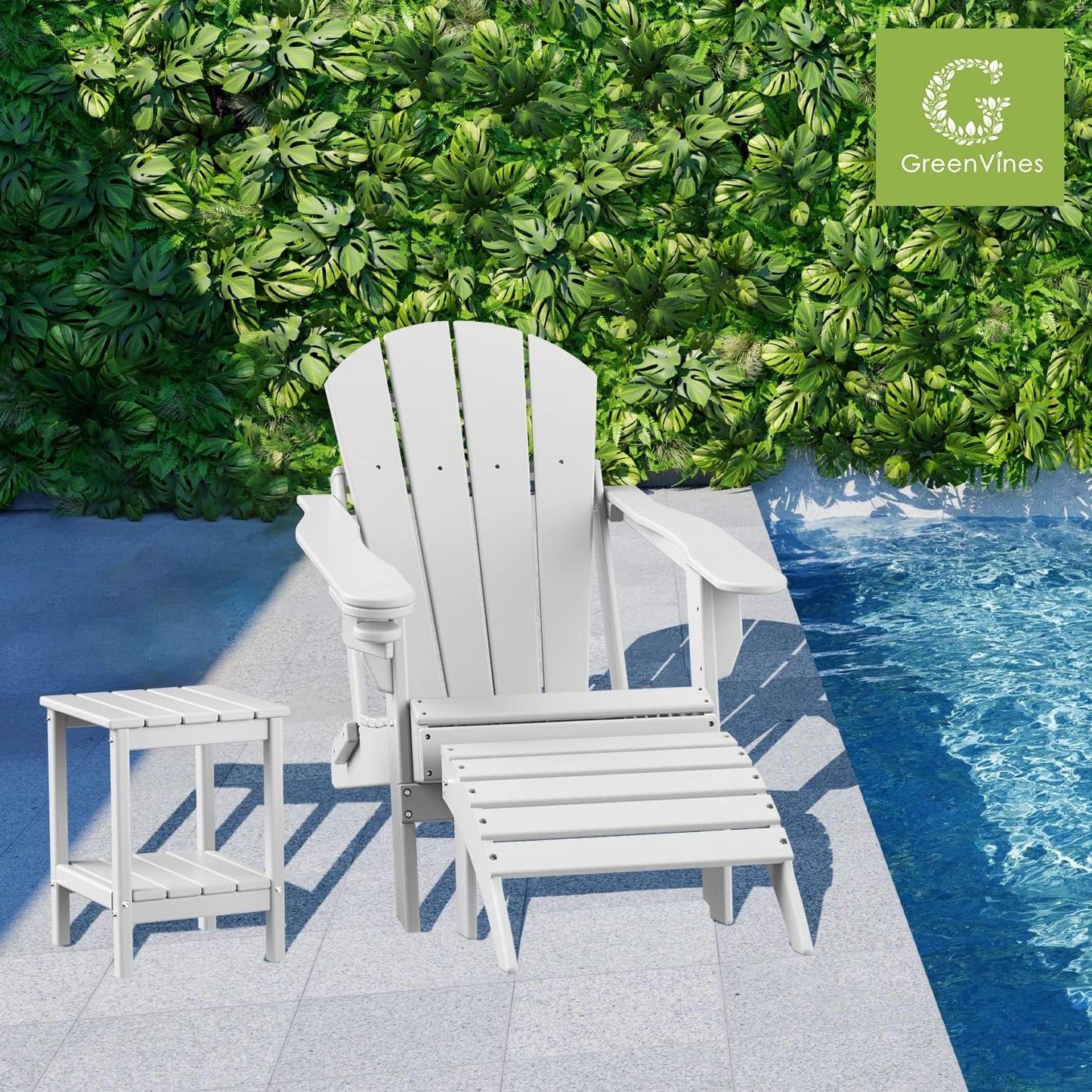 GREENVINES Adirondack-Ottoman | HDPE Plastic | Outdoor Footrest | All Weather | Foot Rest | Foot Stool | White | for Adirondack Chair | for Patio Backyard Pool