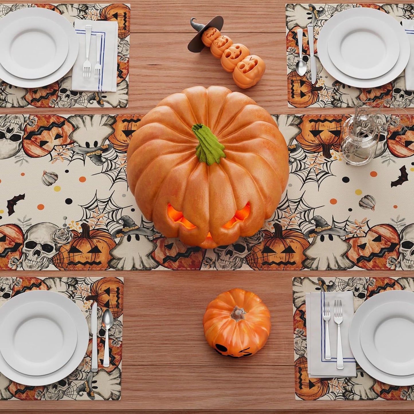 XCHI Spooky Skeleton Ghost Pumpkin Halloween Table Runner Party Table Decoration for Home Kitchen Dining Holiday Decor 13x48 Inch