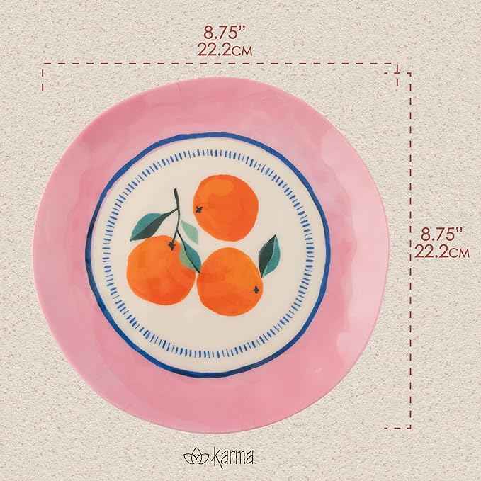 Karma, 8.75 inches Melamine Salad Plates Set of 4, Reusable Dishwasher Safe Plates for Outdoor and Indoor, Oranges