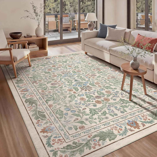Floral 5x7 Area Rugs for Living Room, Machine Washable Vintage Rug Boho Low Pile Carpets Non Slip Soft Carpet for Farmhouse Bedroom Office Rugs, Kids Room, Nursery Room, Playroom, Beige