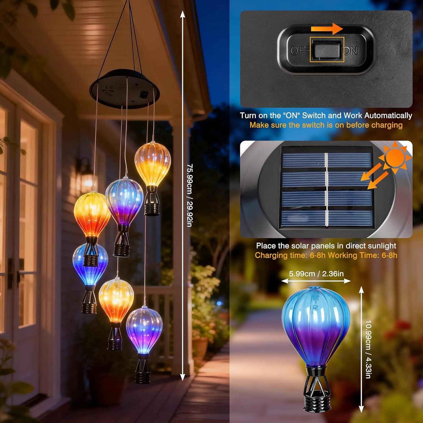 2 Pack Solar Wind Chimes with Hot Air Balloon Design, Color Changing Hot Air Balloon Solar Lantern Outdoor Lights, Wind Chimes Decor for Garden Patio Yard Gifts for Women Mom Grandma