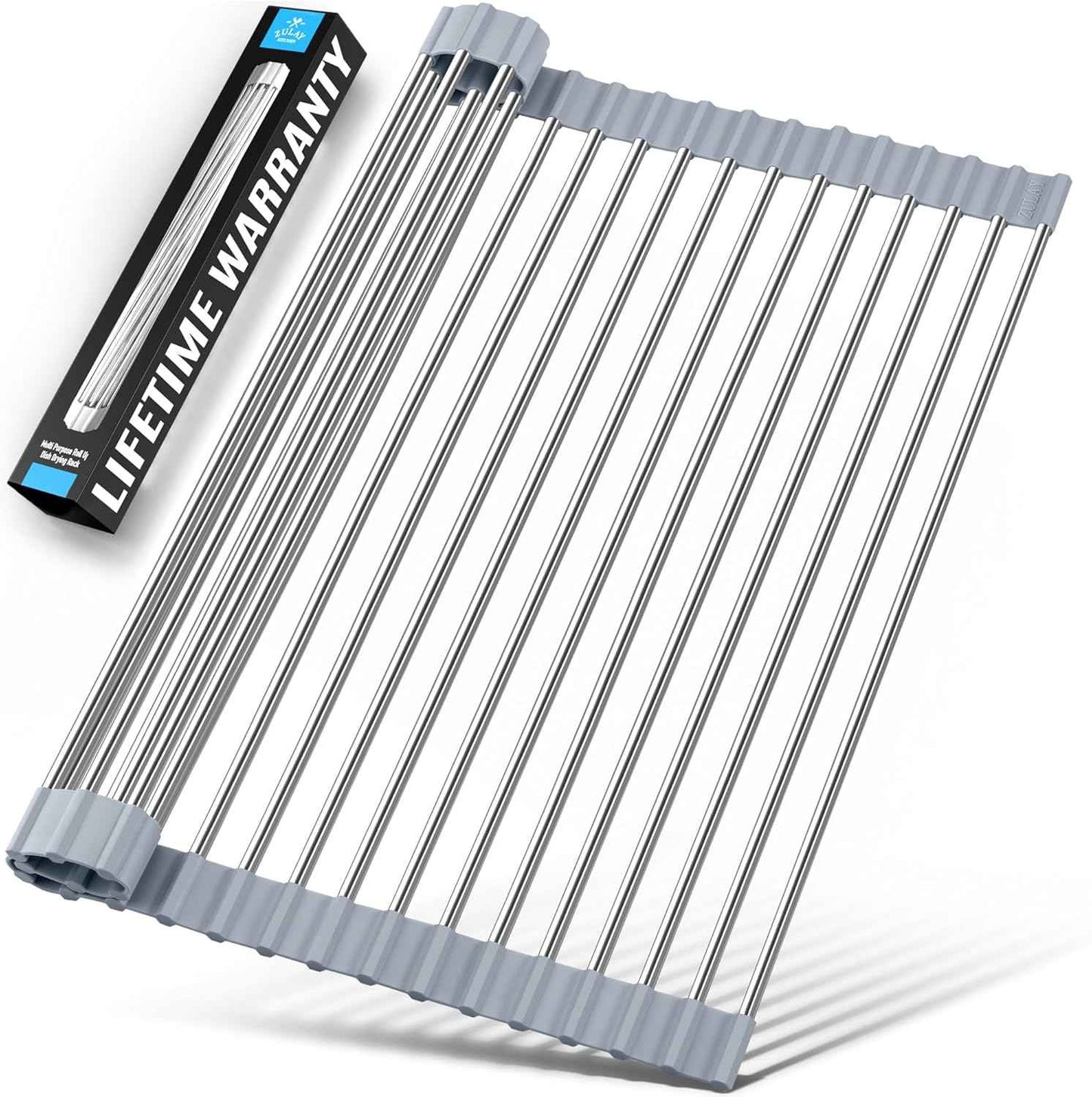 Zulay Kitchen Over The Sink Dish Drying Rack, Roll Up Heavy Duty Stainless Steel Design for Easy Storage & Durability | Dishwasher Safe 17.5” x 12.5