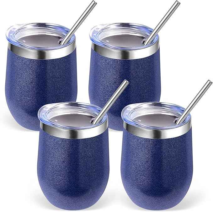 Volhoply 12oz Stainless Steel Wine Tumbler with Lid Bulk 4 Pack,Double Wall Vacuum Stemless Wine Glasses,Reusable Metal Travel Coffe Mug with Straw,Insulated Cup Gifts for Women,Christmas（Navy,4 Set）